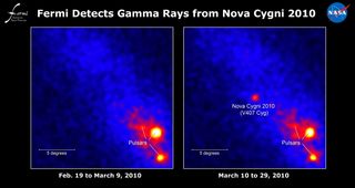 NASA's Fermi Large Area Telescope detects the V407 Cyg nova (right) on March 19, 2010, as shown in these discovery images. The image at left shows no nova visible 19 days before the discovery.