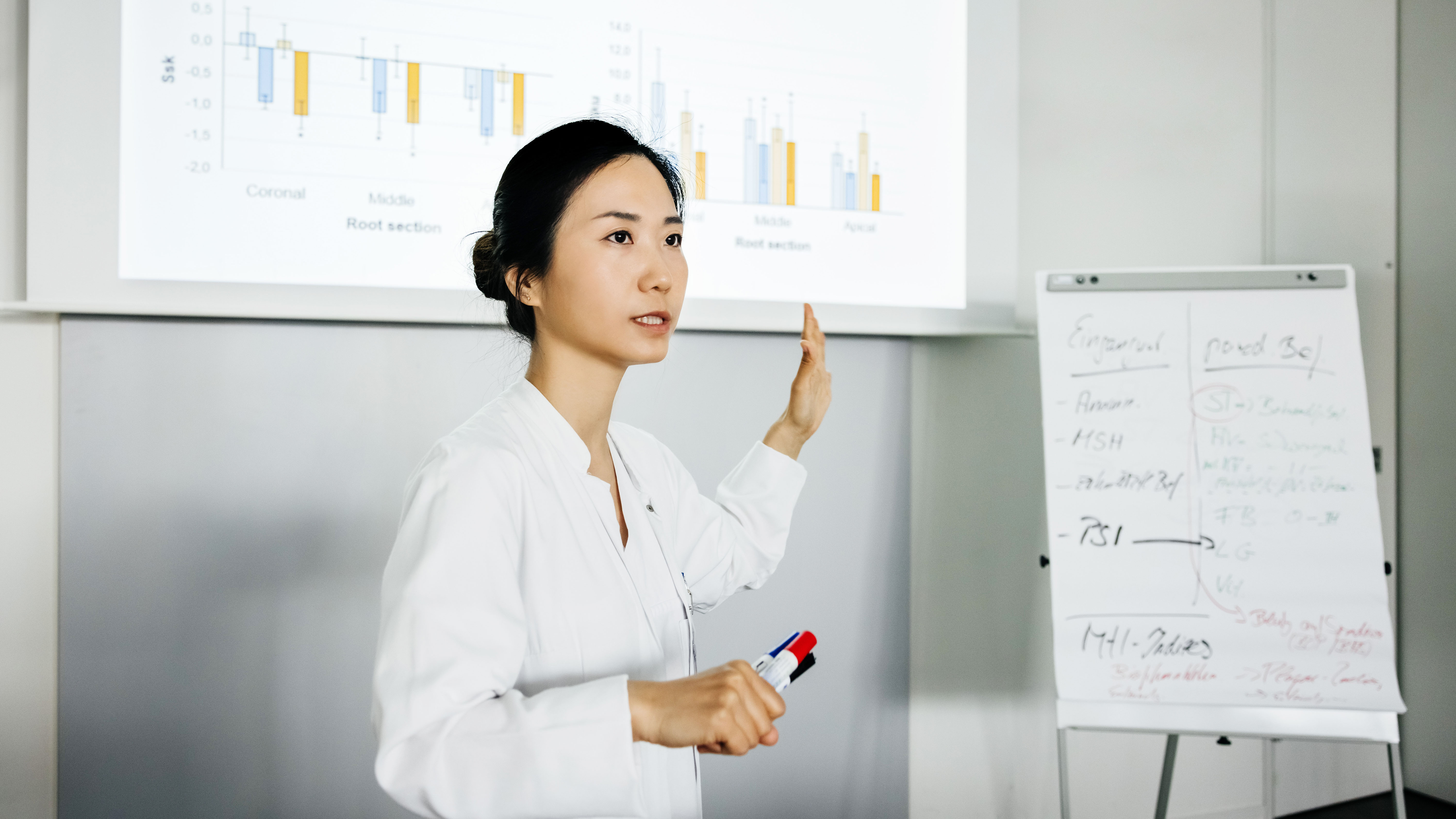 Professor teaching in a white coat.