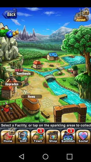 Brave Frontier town screen with free items cascading from the mountain