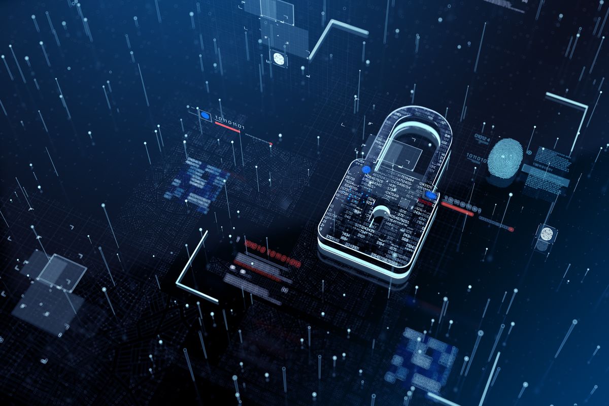 Digital generated image of electronic circuit security padlock made out of numbers on black background.