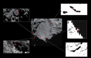 This European Space Agency image of Comet 67P/Churyumov–Gerasimenko show the five most likely candidates for the final landing spot of the Philae lander after it separated from the Rosetta spacecraft on Nov. 12, 2015. The top left candidate may be the most likely site for Philae.