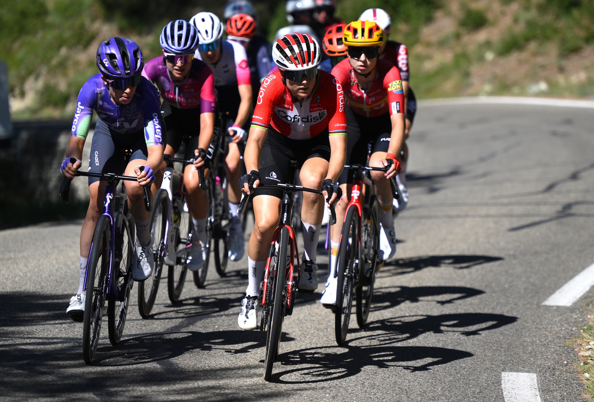 MONT VENTOUX, FRANCE - AUGUST 07: (L-R) Ruby Roseman-Gannon of Australia and Liv AlUla Jayco and Amalie Dideriksen of Denmark and Team Cofidis Women compete in the breakaway during the 5th Tour de France Femmes 2026, Stage 7 a 146.8km stage from La Voulte-sur-Rhone to Mont Ventoux 1901m / #UCIWWT / on August 07, 2026 in Mont Ventoux, France. (Photo by Alex Broadway/Getty Images)