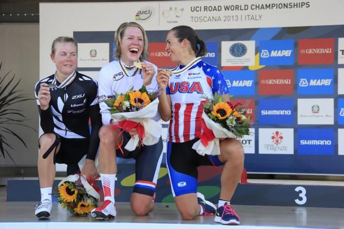 Your 2013 women's time trial world championship podium (L-R): Linda Villumsen, Ellen Van Dijk and Carmen Small