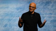 Microsoft CEO Satya Nadella pictured speaking on stage during the Microsoft AI Tour at TikTok Entertainment Centre on April 23, 2026 in Sydney, Australia.