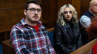 Bobby Crawford and Nina Lucas watch Lauren's trial in Coronation Street.