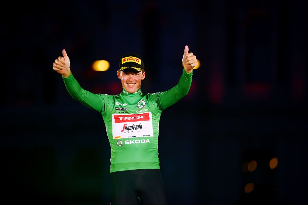 MADRID SPAIN SEPTEMBER 11 Mads Pedersen of Denmark and Team Trek Segafredo celebrates winning the Green Points jersey on the podium ceremony after the 77th Tour of Spain 2022 Stage 21 a 967km stage from Las Rozas to Madrid LaVuelta22 WorldTour on September 11 2022 in Madrid Spain Photo by Tim de WaeleGetty Images