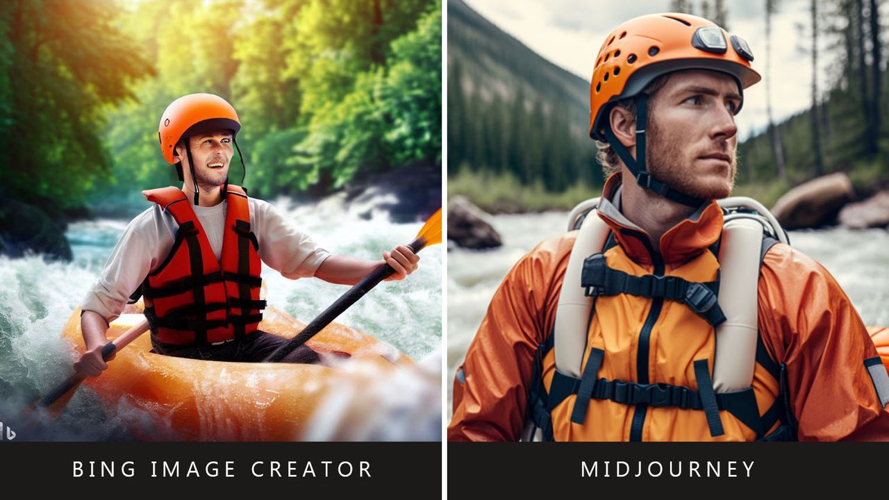 Bing Image Creator vs Midjourney: White water rafting prompt.