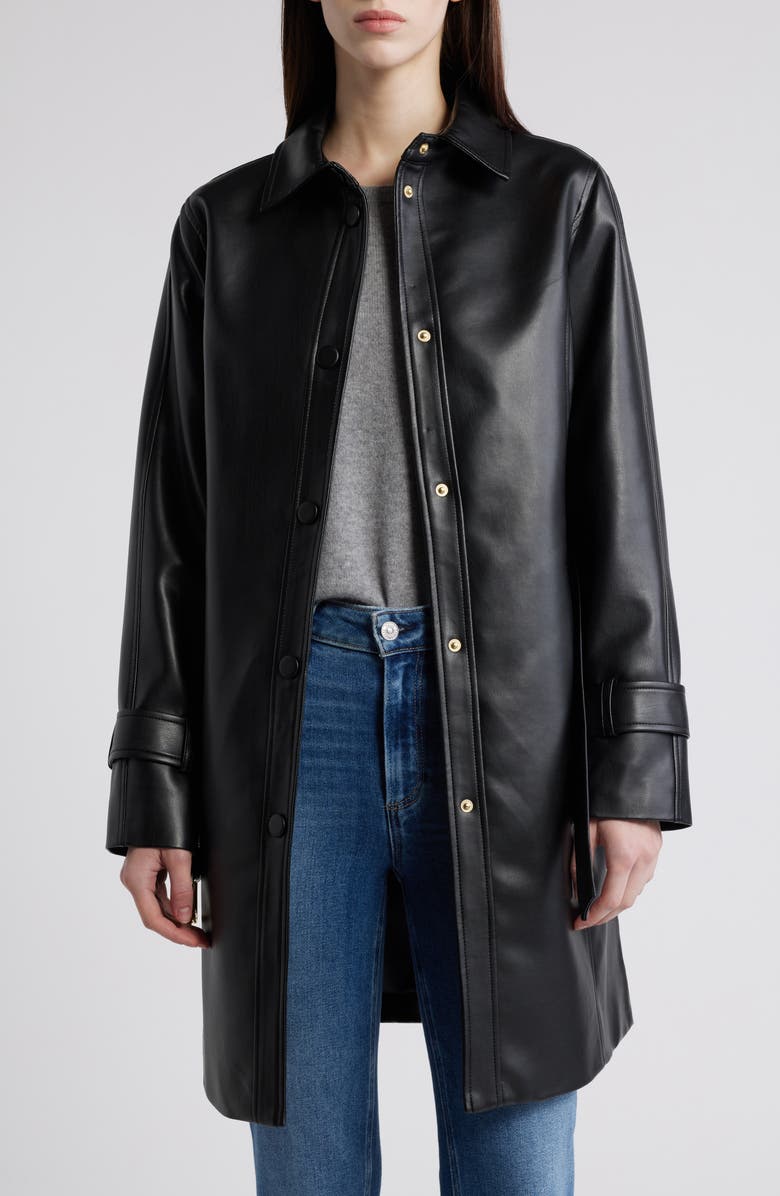 Tie Belt Snap Front Faux Leather Jacket
