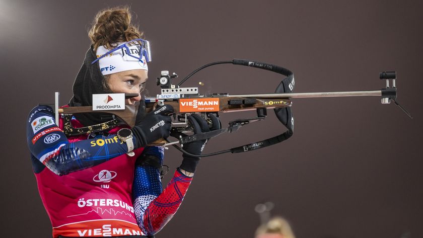 Lou Jeanmonnot of France at the shooting range during a Biathlon World Cup 2025/26 event