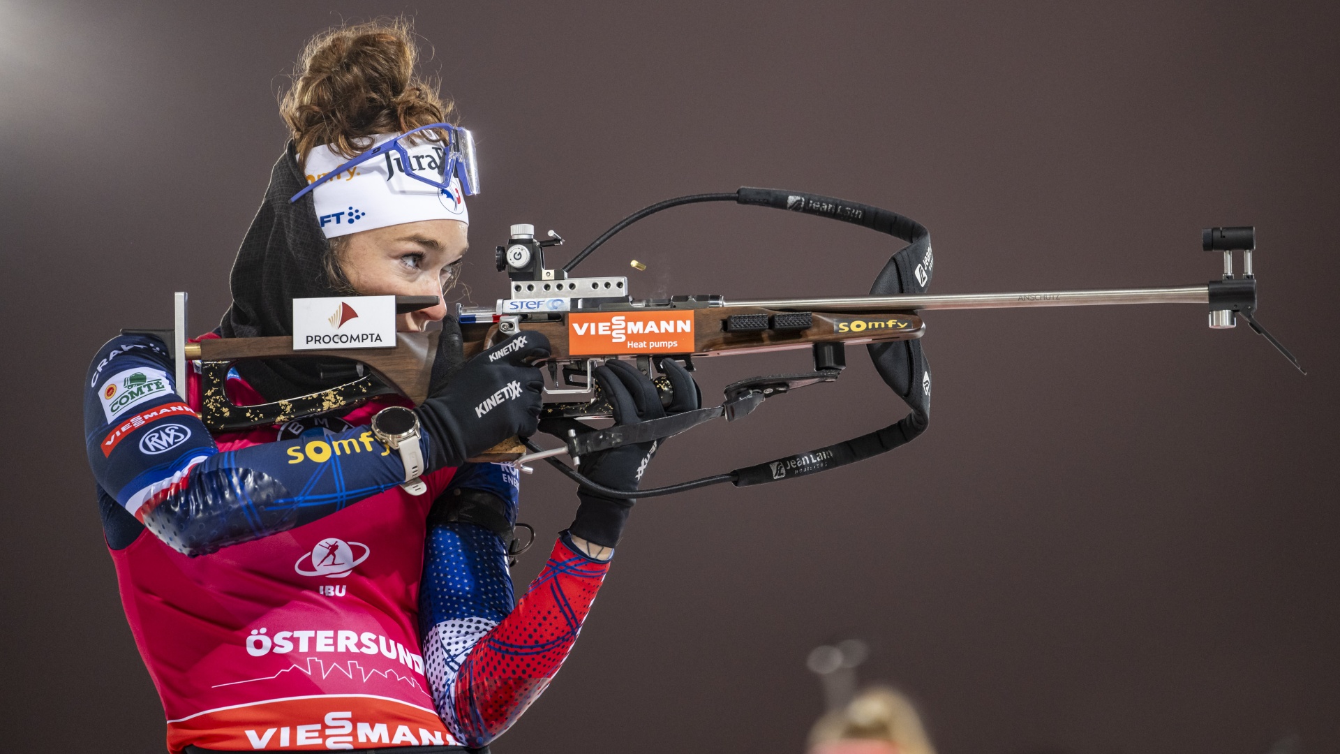 Lou Jeanmonnot of France at the shooting range during a Biathlon World Cup 2025/26 event