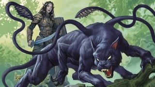 DnD Ranger behind a Displacer Beast that is snarling