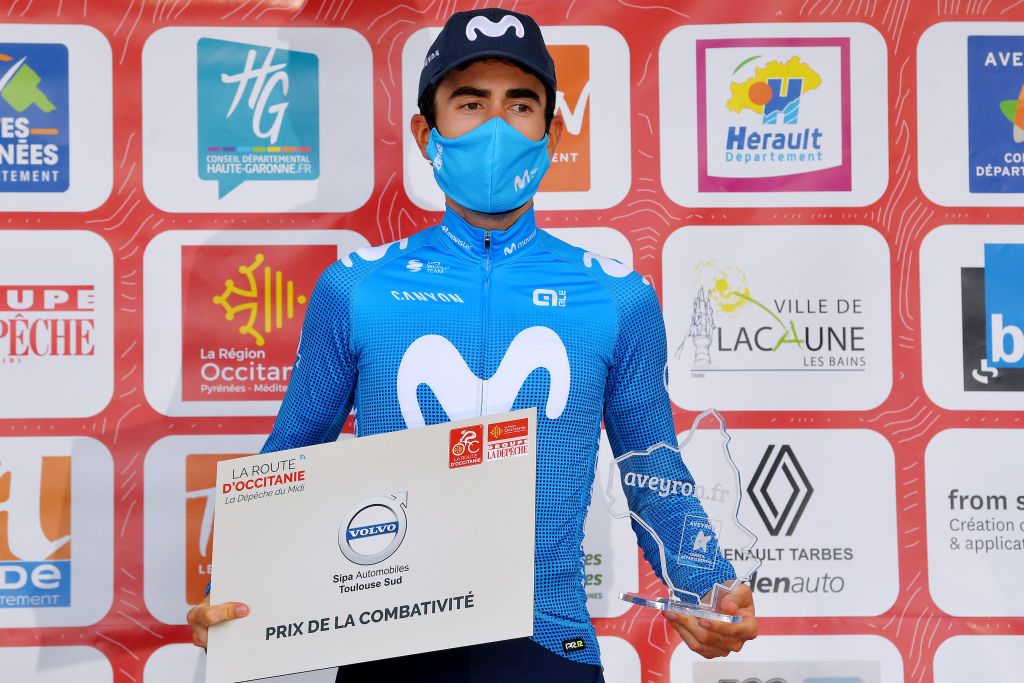 LE MOURTIS FRANCE JUNE 12 Antonio Pedrero Lopez of Spain and Movistar Team stage winner Most combative rider celebrates at podium during the 45th La Route dOccitanie La Depeche Du Midi 2021 Stage 3 a 1918km stage from PierrefitteNestalas to Le Mourtis Col de Ment 1450m RDO2021 RouteOccitanie on June 12 2021 in Le Mourtis France Photo by Luc ClaessenGetty Images
