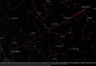 The asteroid 2014 JO25 will fly safely past Earth April 19, coming within 1.1 million miles (1.8 million km) of the planet — about 4.6 times the distance between the Earth and the moon. This map shows the asteroid's locations as it passes through the sky 