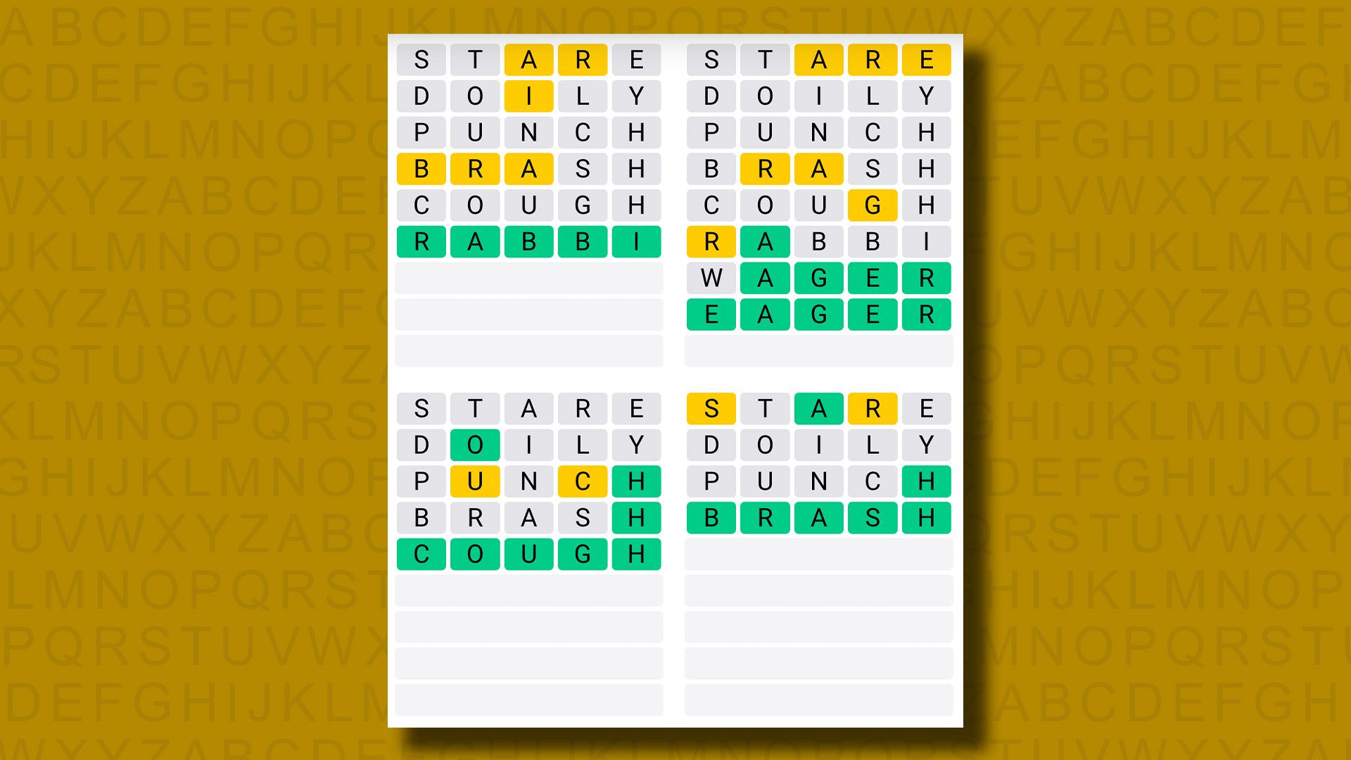 Quordle answers for game 1032 on a yellow background