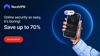 Person holding smartphone with NordVPN open and text highlighting NordVPN's 70% off deal