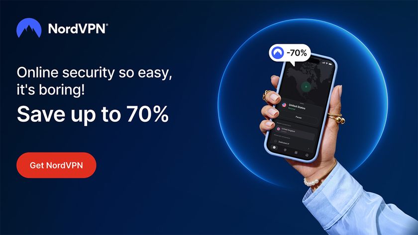 Person holding smartphone with NordVPN open and text highlighting NordVPN's 70% off deal
