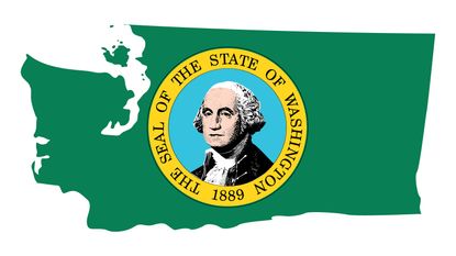 Washington state flag on map of Washington