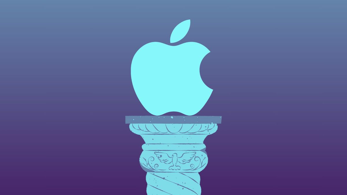 The Apple logo on a pedestal against a blue gradient background