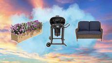Home Depot Spring Black Friday sale 2024 items including a flower bed, grill, and outdoor loveseat on a sunset background