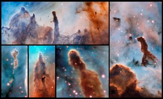 These images show several pillars of the Carina Nebula (NGC 3372). The European Southern Observatory's Very Large Telescope in Chile created the images with the Multi Unit Spectroscopic Explorer (MUSE) instrument.