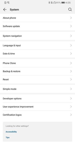 Huawei system settings page