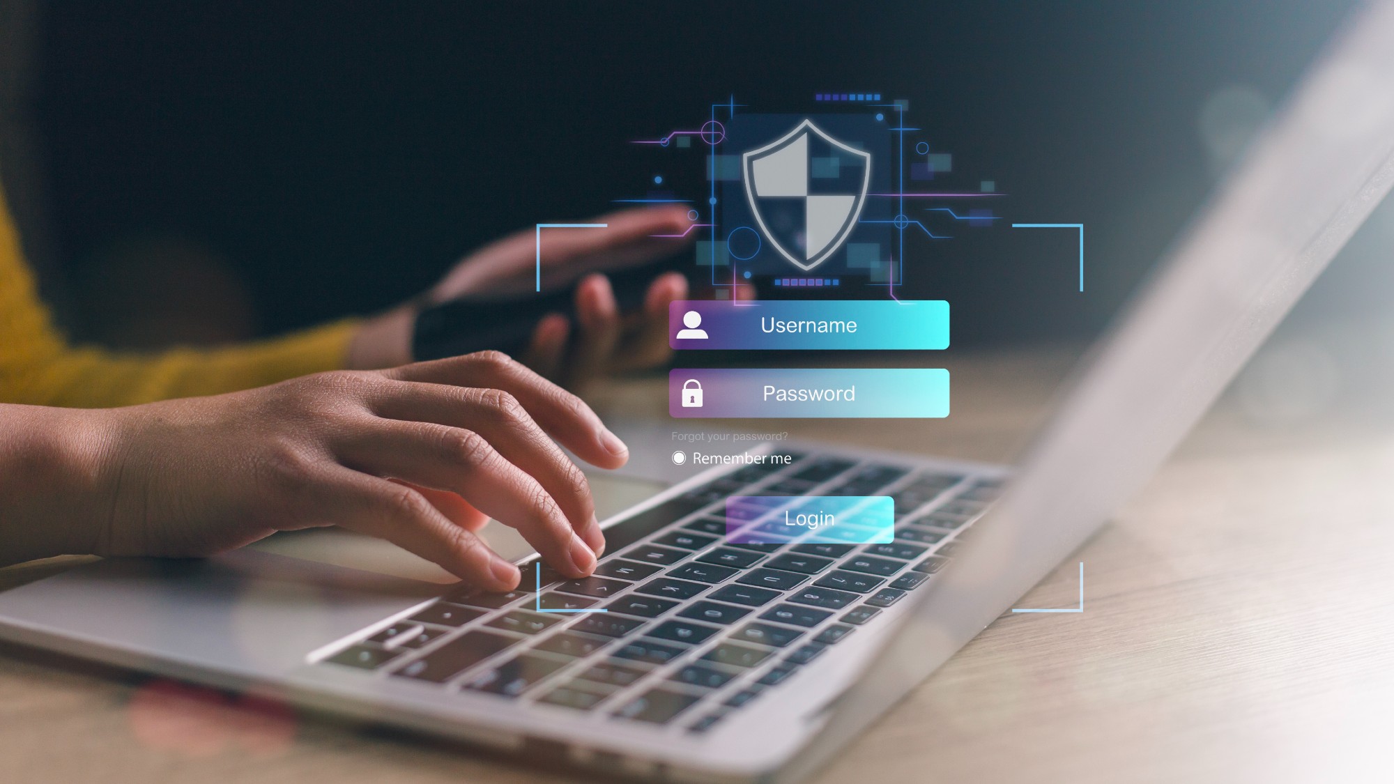 illustration of a person typing on a laptop with a password/username interface overlaid on the image