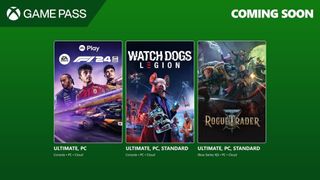 F1 24, Watch Dogs Legion, and Warhammer 40K: Rogue Trader key art on an Xbox Game Pass banner