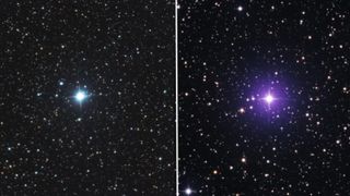 Two nova explosions are shown as bright points of light with diffraction spikes emanating outward, outshining the background stars peppering the night sky beyond.