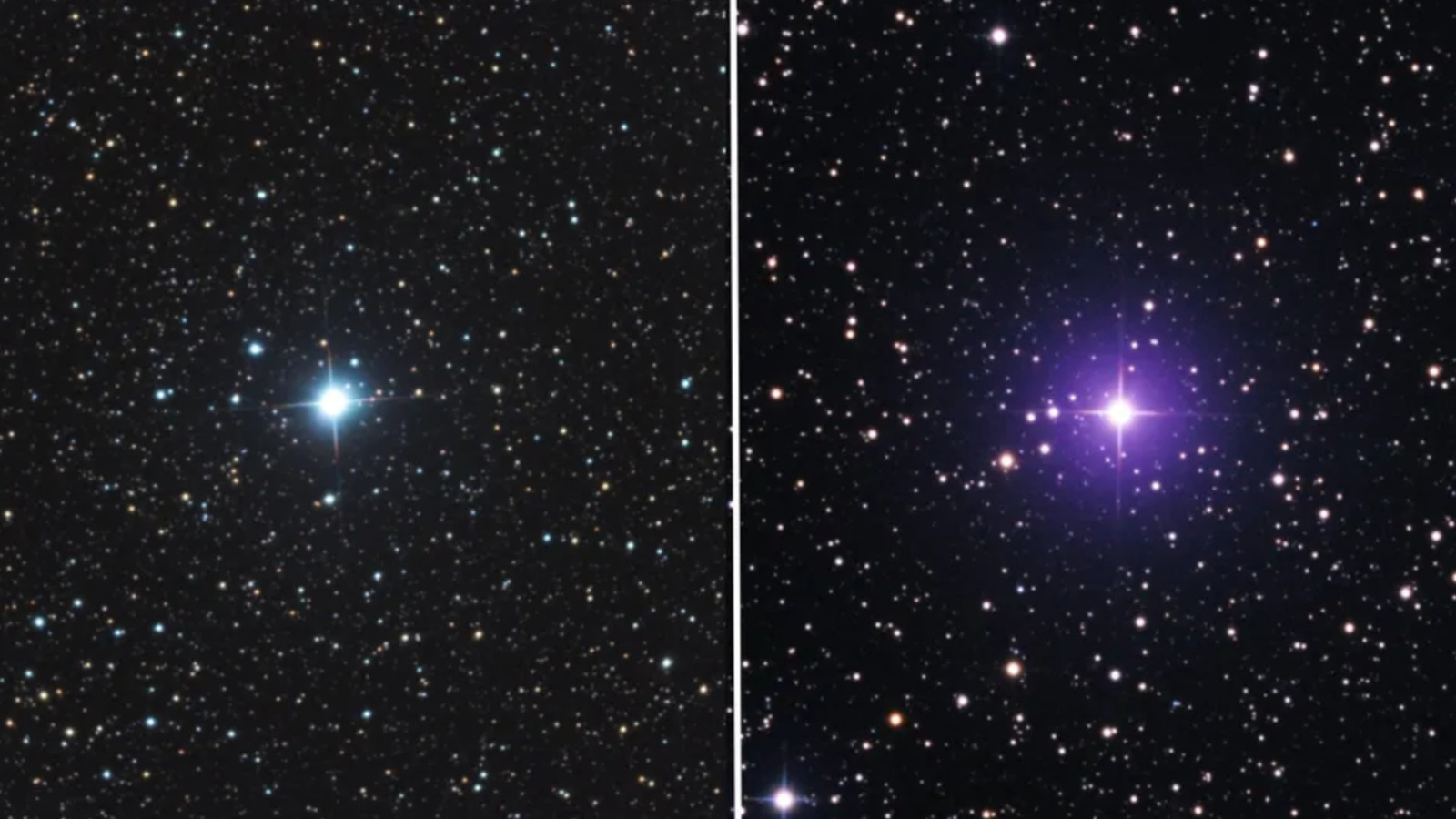 Two nova explosions are shown as bright points of light with diffraction spikes emanating outward, outshining the background stars peppering the night sky beyond.