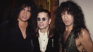 (from left) Gene Simmons, Ozzy Osbourne, and American guitarist and Paul Stanley attend the 1991 Foundation Awards, held at the Los Angeles Airport Marriott, at Los Angeles International Airport in Los Angeles, California, 3rd October 1991.