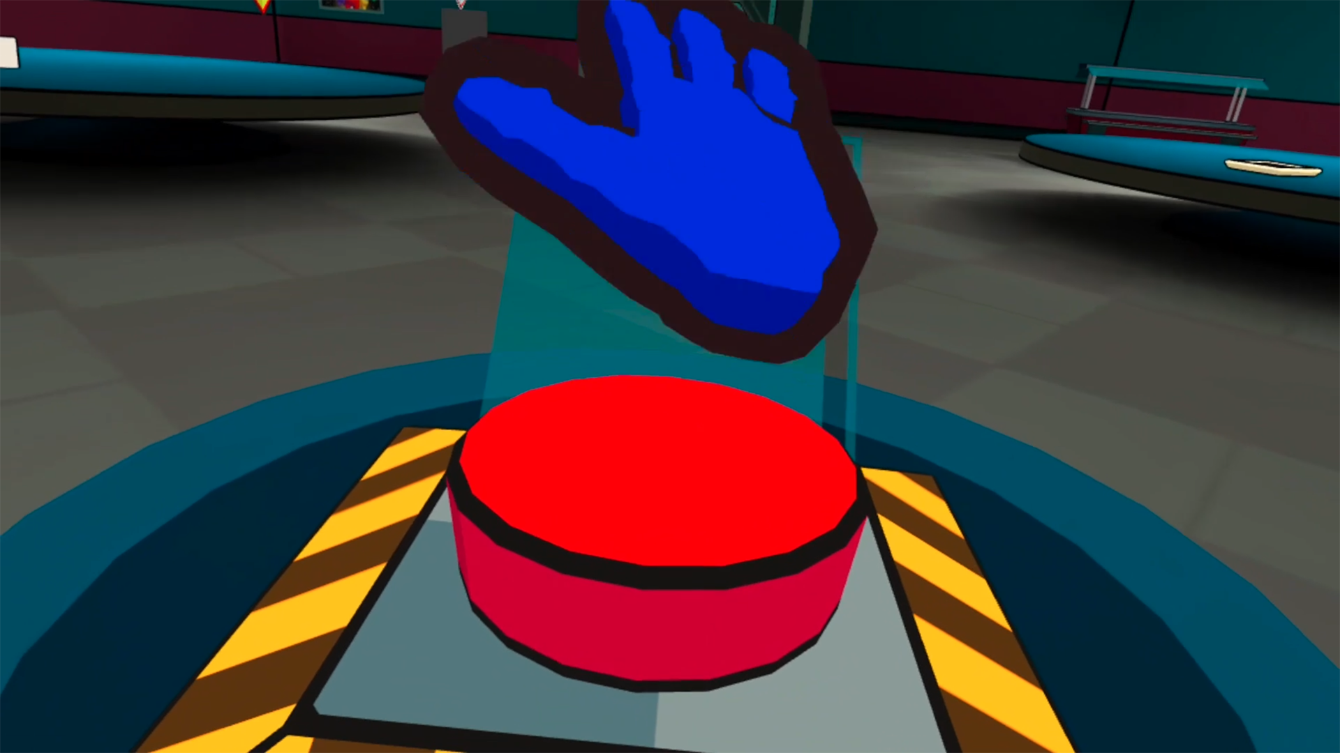 A hand about to hit the button in Among Us VR
