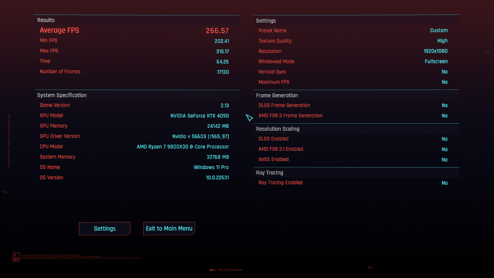 AMD Ryzen 7 9800X3D benchmark test in Cyberpunk 2077