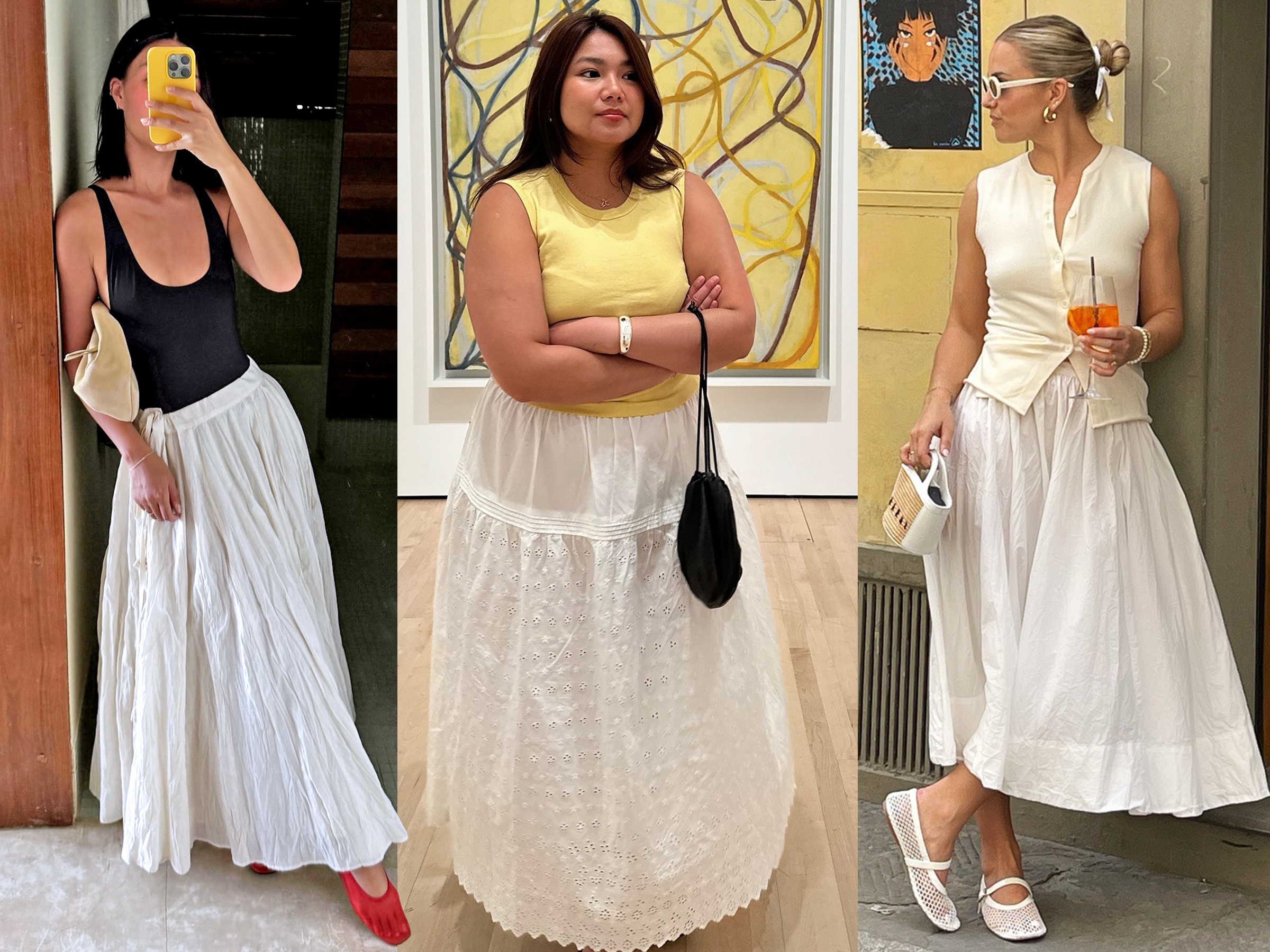 fashion collage featuring three style influencers including Mimi Nguyen, Marina Torres, and Izzy Dilger all wearing chic summer outfits with full white skirts