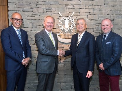 Manabu Senza (President TSI Groove and Sports), Euan Loudon (Chief Executive St Andrews Links), Masahiko Miayke (Chairman TSI Holdings) and Danny Campbell (Commercial Director St Andrews Links) celebrate a new agreement between St Andrews Links and TSI Holdings.
