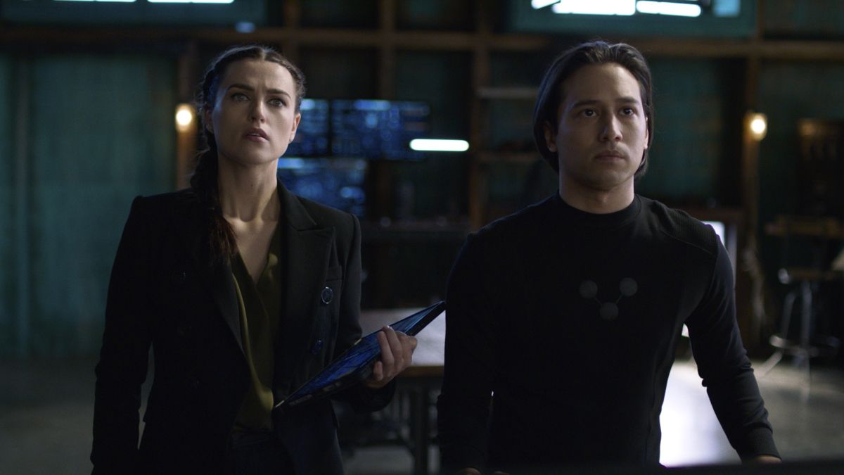 Katie McGrath and Jesse Rath as Lena Luthor and Brainiac 5 in Supergirl &quot;Phantom Menaces&quot;