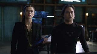 Katie McGrath and Jesse Rath as Lena Luthor and Brainiac 5 in Supergirl "Phantom Menaces"