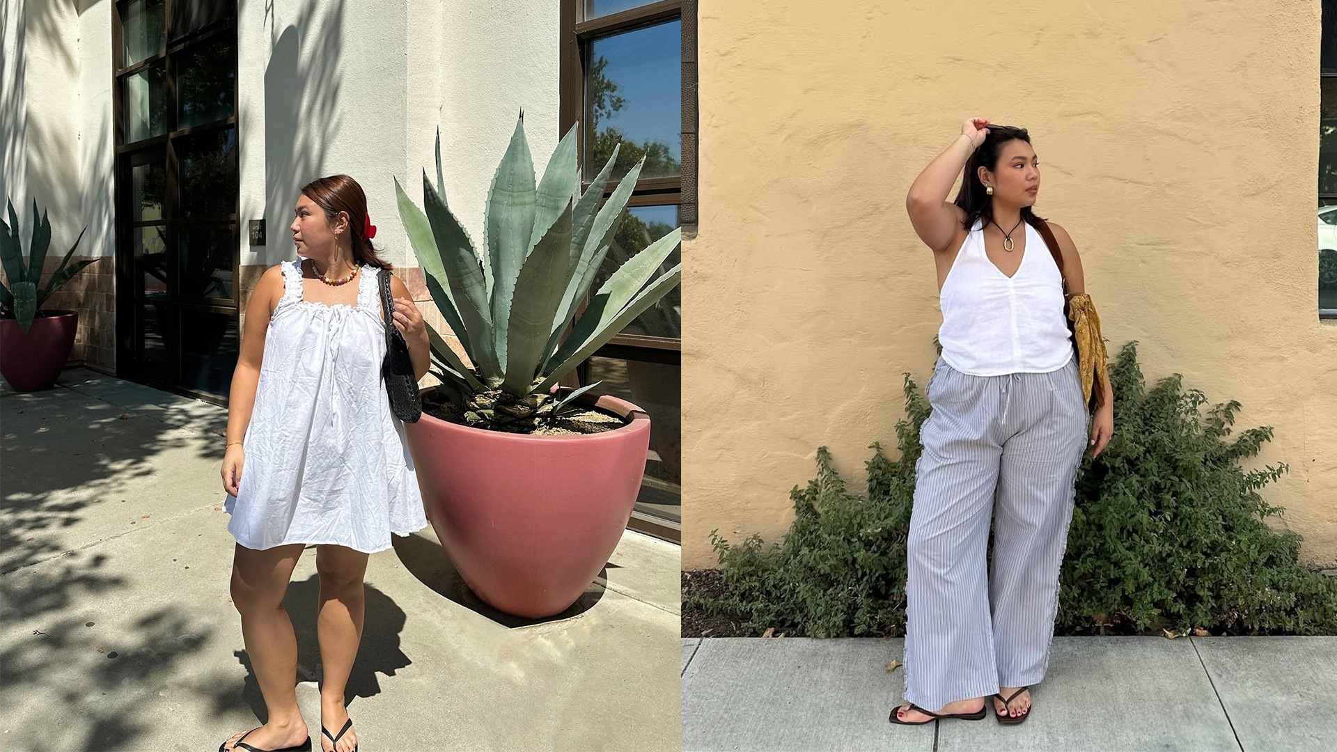 Marina wears white dress in one picture and white halter top with breezy linen pants and black flip flops in the other image.