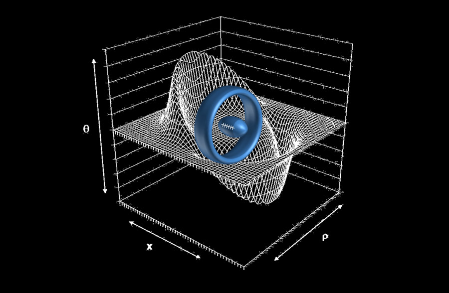 A ring-shaped warp drive device could transport a football-shape starship (center) to effective speeds faster than light.