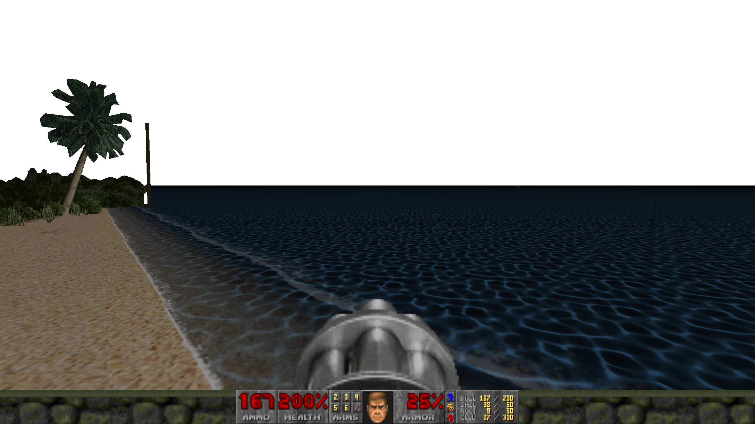 The player looks out from a beach in Myhouse.wad. It appears like an unfinished game scene, with the flat sea stretching out into a featureless white void.