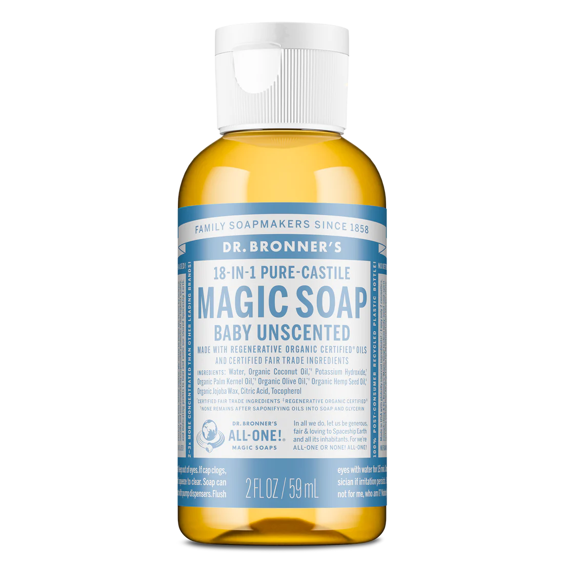 Dr. Bronner’s - Pure-Castile Liquid Soap (baby Unscented, Travel Size, 2 Ounce) - Made With Organic Oils, 18-In-1 Uses: Face, Body, Hair, Laundry, Pets and Dishes, Concentrated, Vegan, Non-Gmo