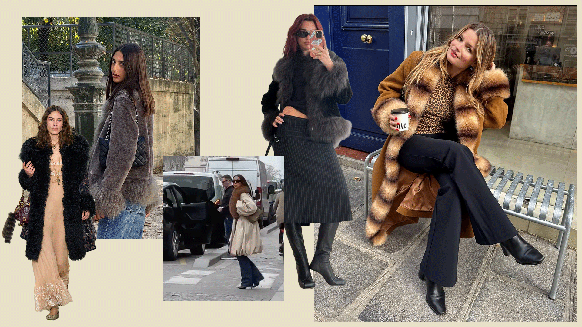 celebrities like Alexa Chung and Dua Lipa and fashion influencers wearing the winter 2025 trend of fur-trimmed coats
