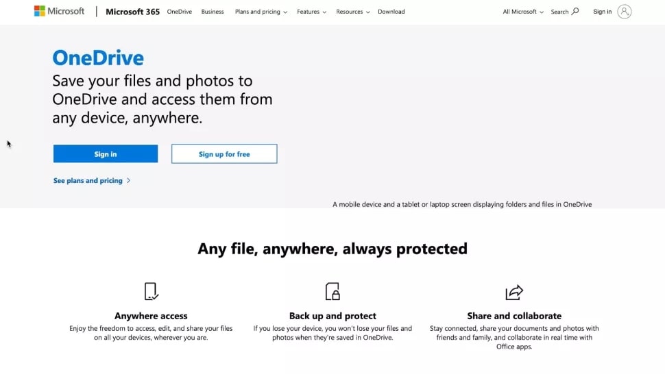 OneDrive's homepage
