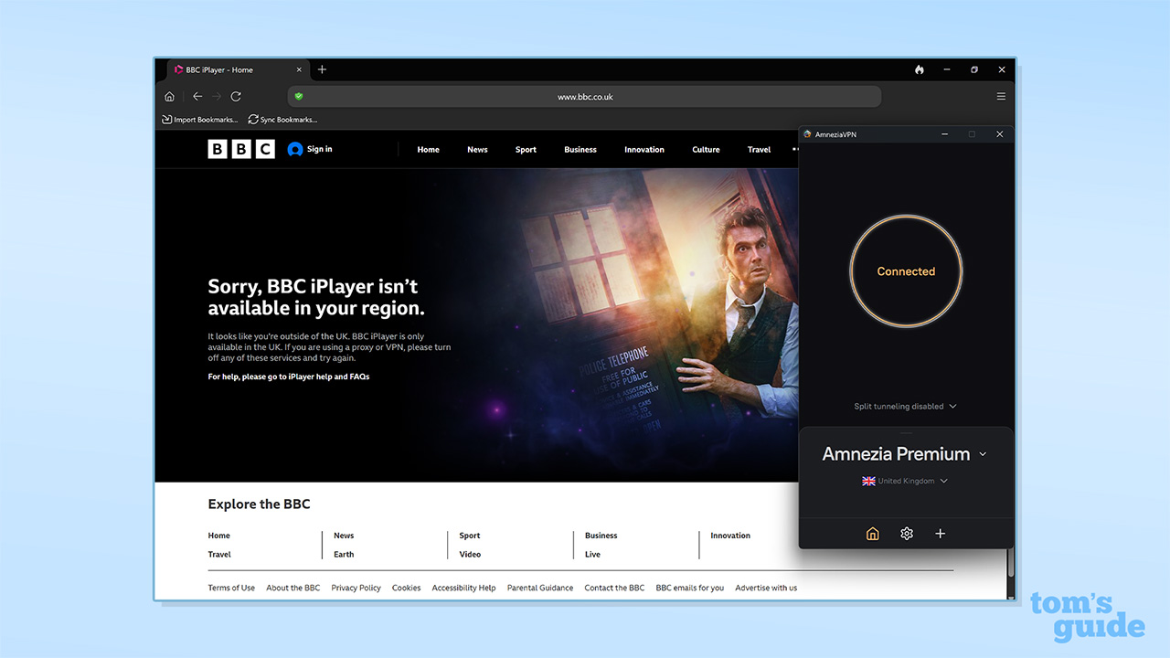 Screenshot of AmneziaVPN failing to unblock BBC iPlayer