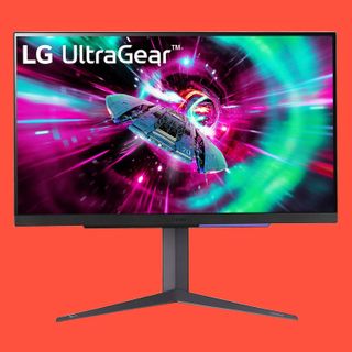 The LG UltraGear 27GR93U $K gaming monitor on a red background