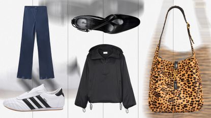 A collage of product flats, including Silk Laundry pants, Massimo Dutti heels, a Saint Laurent leopard bag, Adidas sneakers, and a The Row jacket, on a designed background