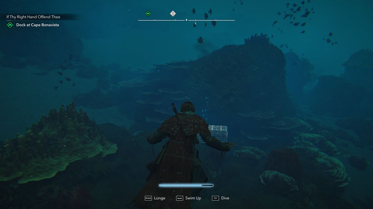 Black Flag Resynced outfits: Edward under the water looking at the chest containing the Explorer Outfit.