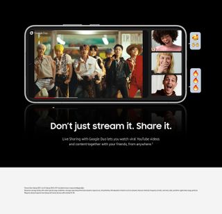 A leaked piece of Samsung Galaxy S22 promotional material, showing users watching a YouTube video together using the Live Sharing mode on Google Duo