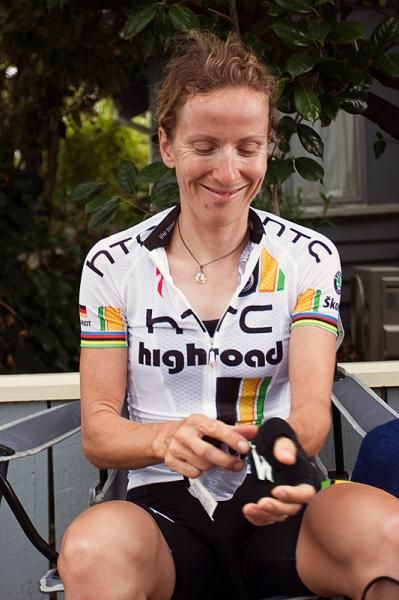 A smiling Judith Arndt (HTC Highroad) after her stage one victory.