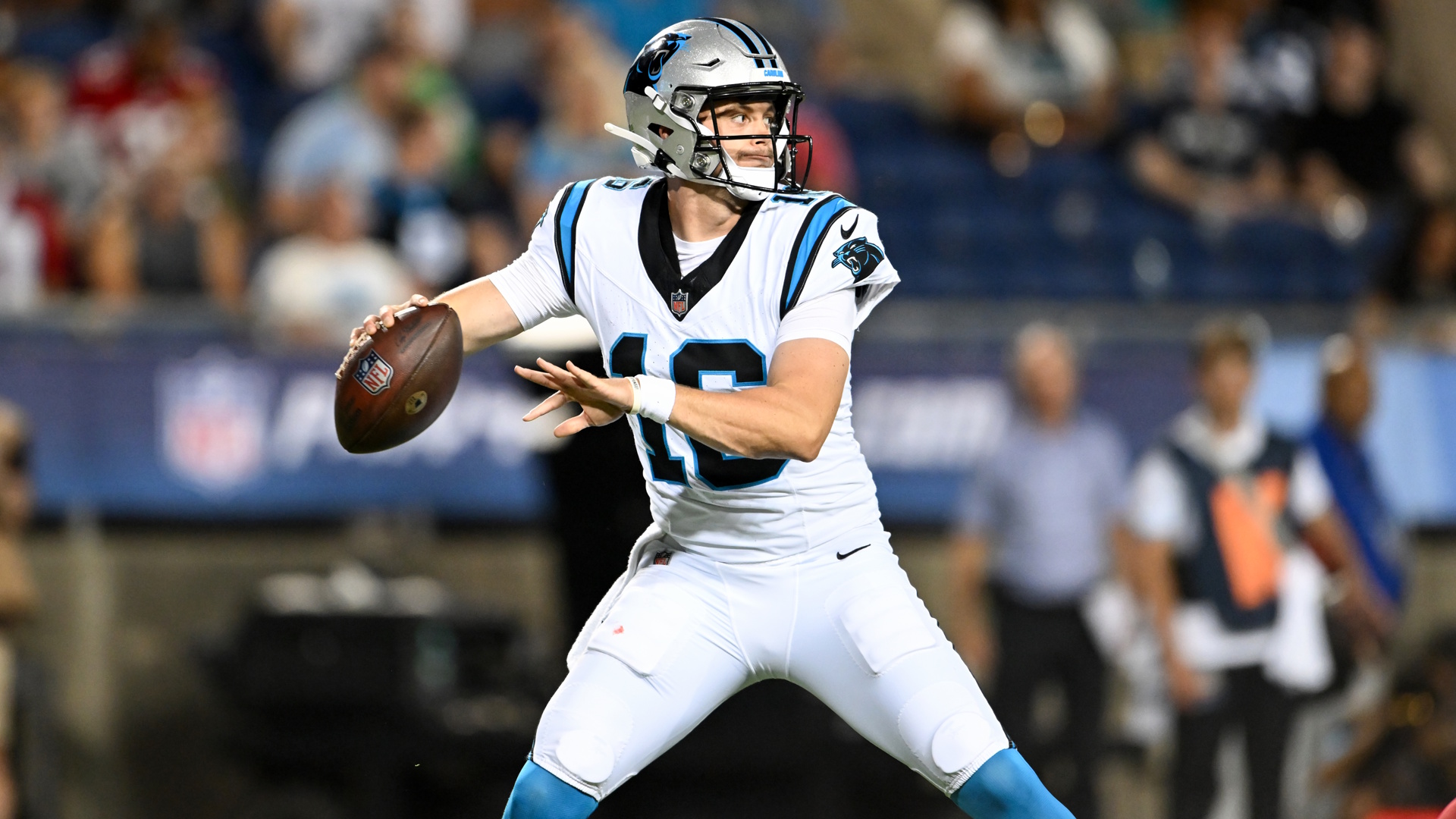 Haynes King of the Carolina Panthers throws a pass during an NFL Pre-Season Game 2026.