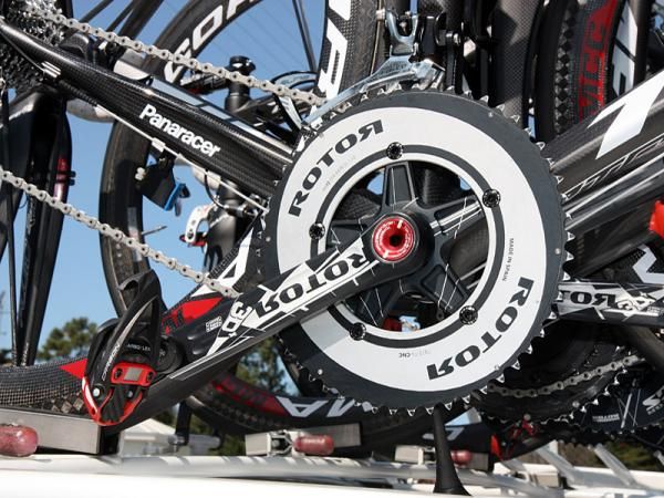 Rotor's 3D+ cranksets are on several teams' bikes this year but the elliptical Q-Rings are much more rare.